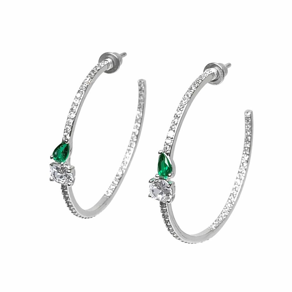 VTG Style Signed Bomb Party Silver Tone, Green & Colorless Stones Hoop Earrings